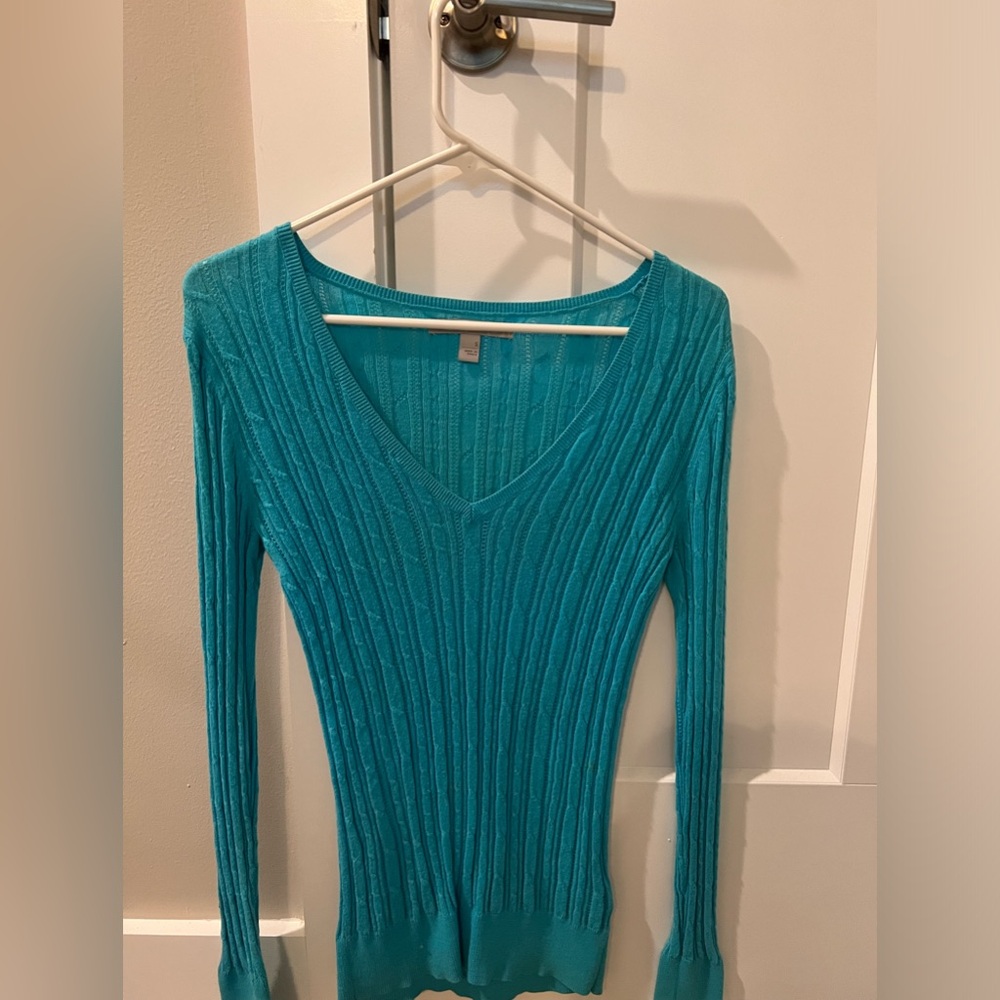 Old Navy Aqua V Neck Stretch Knit Pattern Sweater